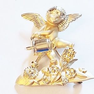 Vintage AJC Brooch Angel Cherub Watering Flowers